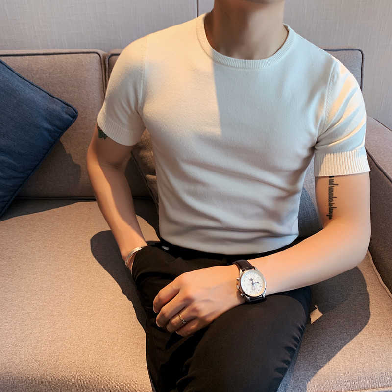 6Colors Spring Short Sleeve Men Knitted Sweaters Casual Fashion Round Collar Slim Fit Pullovers Solid Plus Size 4XL-M 210813wtt