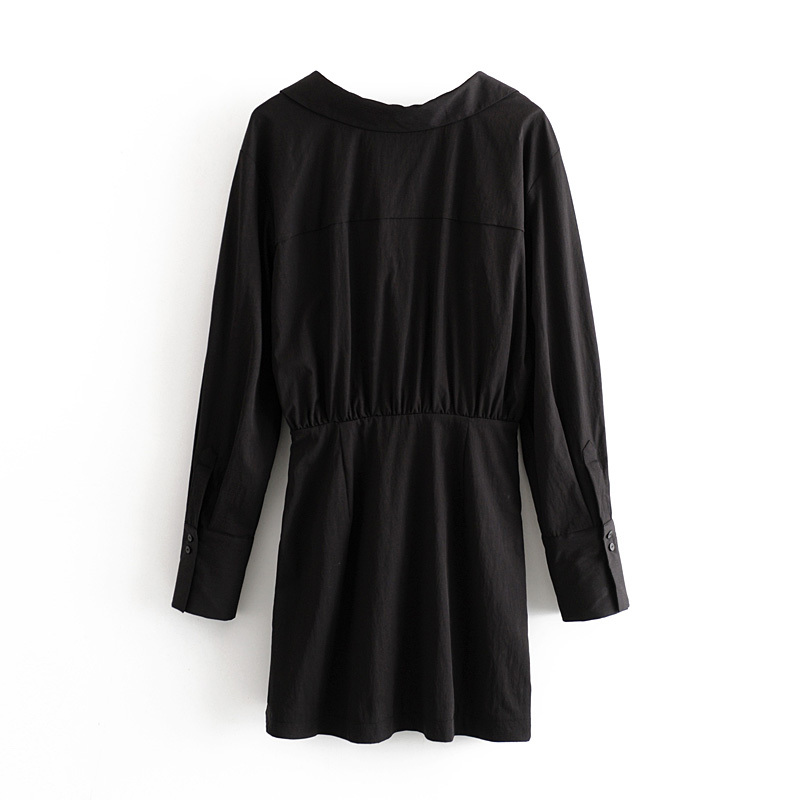 Women Black Cotton Mini Dresses Solid Casual Long Sleeve A Line Turn Down Collar Office Wear Short 210508