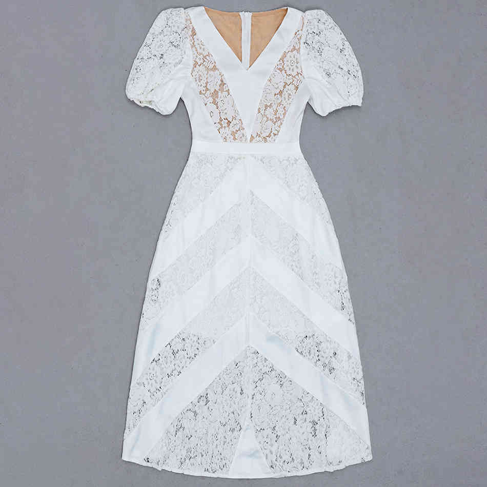 Free Ladies Summer Lace Dress White V-neck Lantern Sleeve Elegant Midi Club Evening Party A Line Vestido 210524
