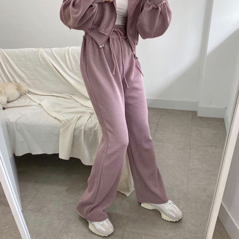 Nomikuma Causal Women Two Pieces Sweat Sets Short Hooded Sweatshirt Coat + Lace Up High Waist Wide Leg Long Pants Suits 6C719 210427