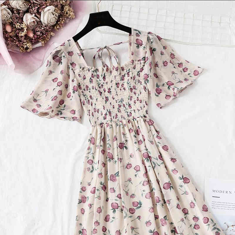 Summer Polka Dot Print Chiffon Dress Sweet Short Sleeve Ruffle Midi Dress Women Bohemia Elegant Pink Party Vestidos 210521
