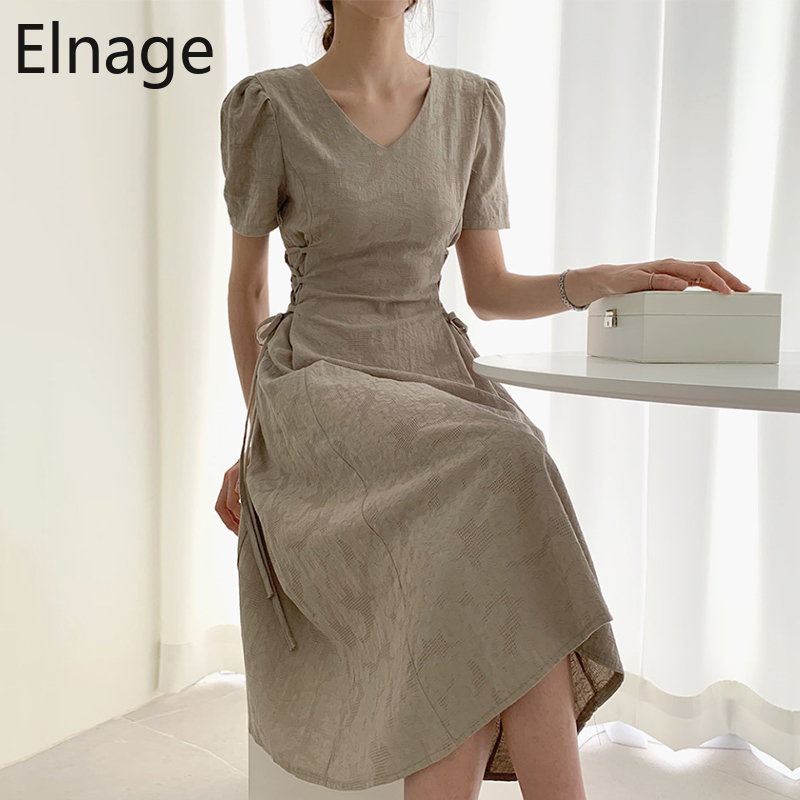 Korean Temperament Pattern V-neck Slim Side Lace Up Maxi Dress Women Short Sleeve Summer Dresses Cotton and Linen Robe 5B083 210429