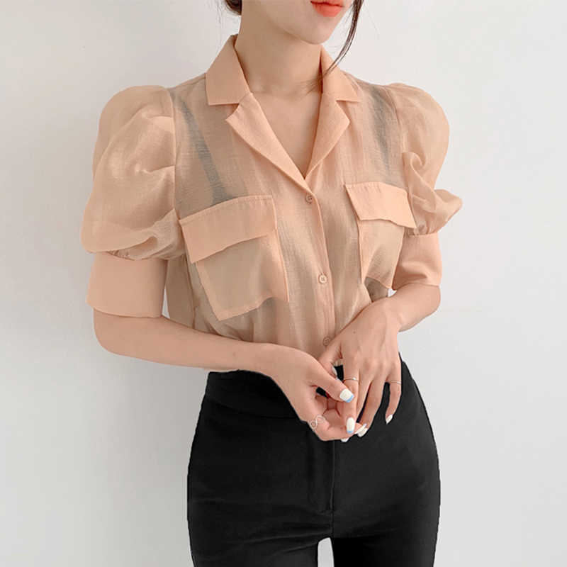 Korejpaa Women Shirt Summer Korean Chic Simple Temperament Lapel Double Pocket Loose Micro-Transparent Puff Sleeve Blouses 210526