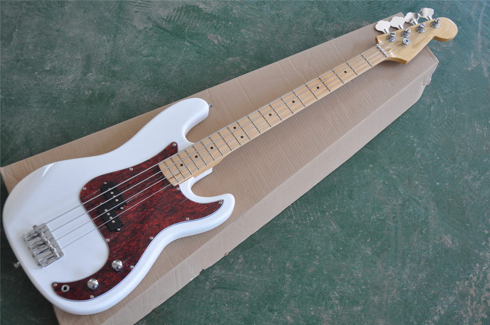 Factory Custom 4-strings White Electric Bass Guitar with Red pearl Pickguard,Chrome Hardware,Maple Fretboard,Provide customized services