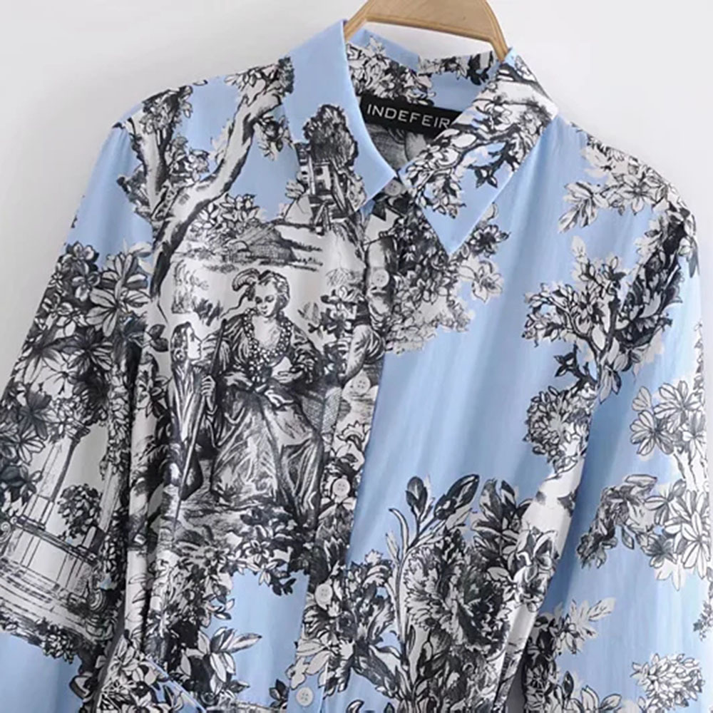 BBWM Women Chic Fashion With Belt Print Midi Shirt Dress Vintage Long Sleeve Button-up Female Dresses Vestidos Mujer 210520