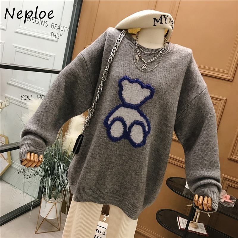 Neploe O Neck Pullover Long Sleeve Knit Sweater Women Thick Bear Pattern Warm Pull Femme Autumn Winter Outwear Sueter Mujer 210423