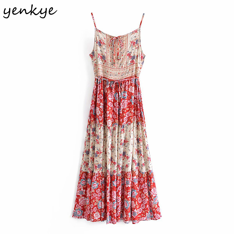 Holiday Summer Boho Beach Dress Women Vintage Hit Color Floral Print Robe Longue Female Sexy Sling Casual Long Dresses 210430