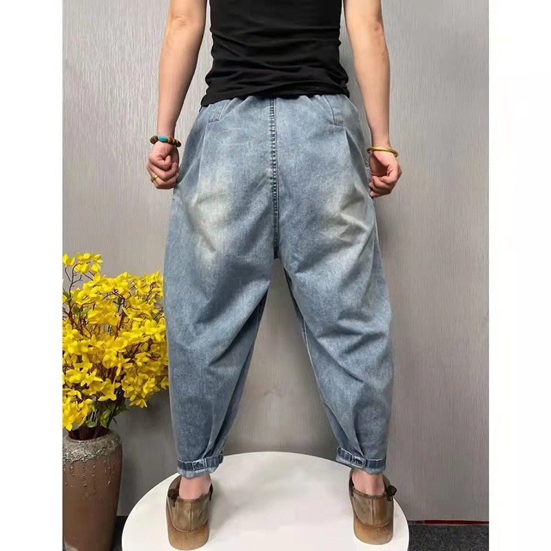 Arrival Spring Korean Style Women Loose Elastic Waist Ankle-length Pants Casual Cotton Denim Harem Jeans W351 210512