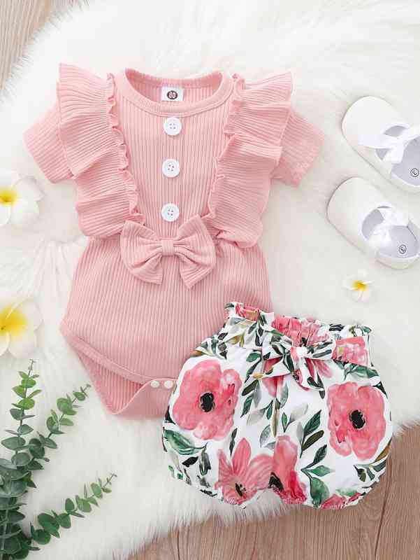 Baby Girl Ruffle Bow Front Bodysuit With Floral Shorts SHE