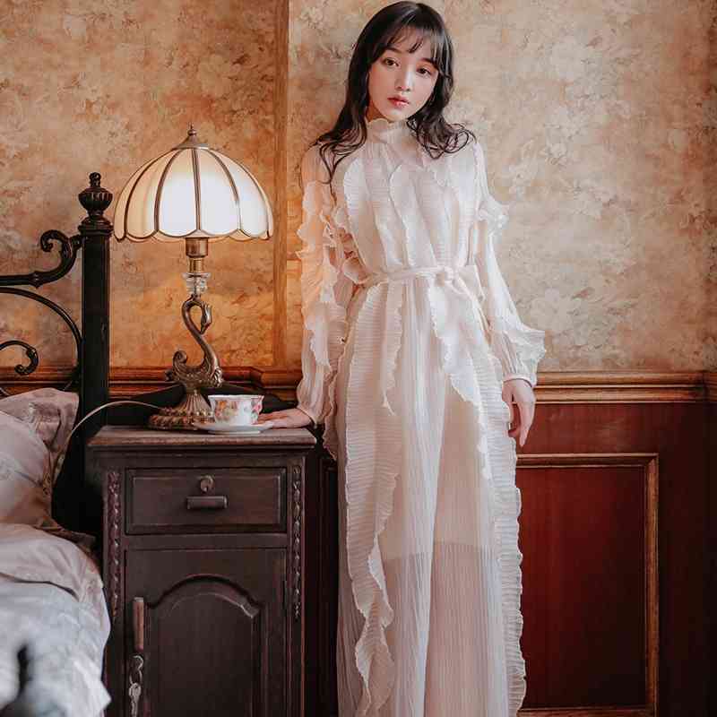 High-End Runway Dresses Women Spring /Fall Elegant Full Sleeve White Pleated Ruffle Maxi Long Vestidos 210520