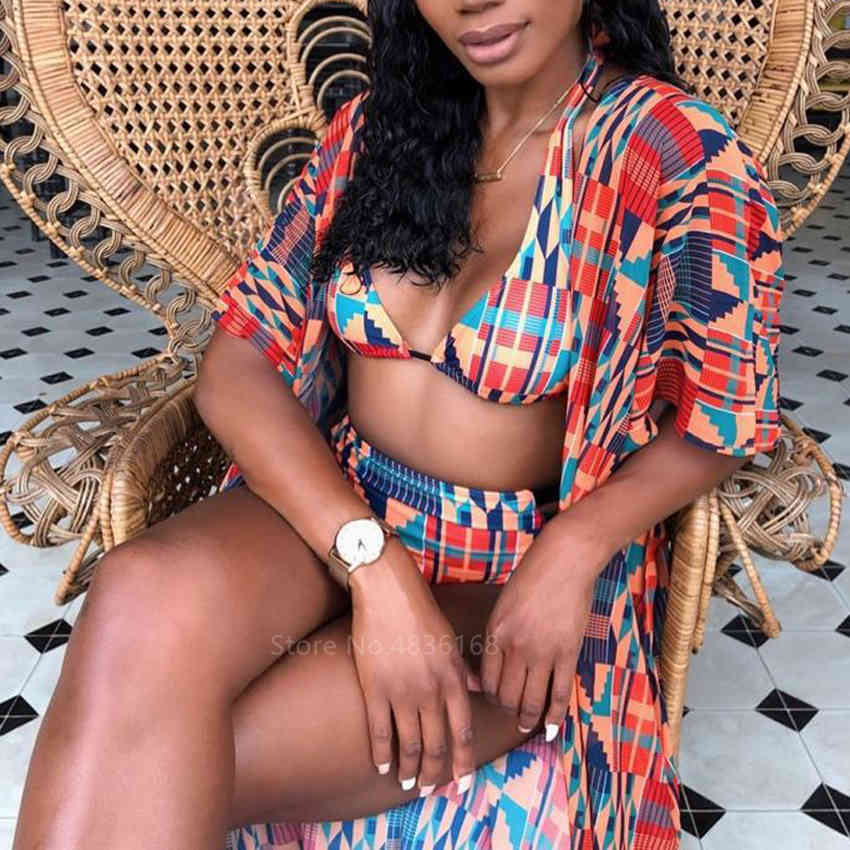 Fashion African Clothes Women Dahsiki Summer 3Pcs Bikini Suit Robe Africaine African Dresses Ethnic Ladies Swimsuit Clothing 210408