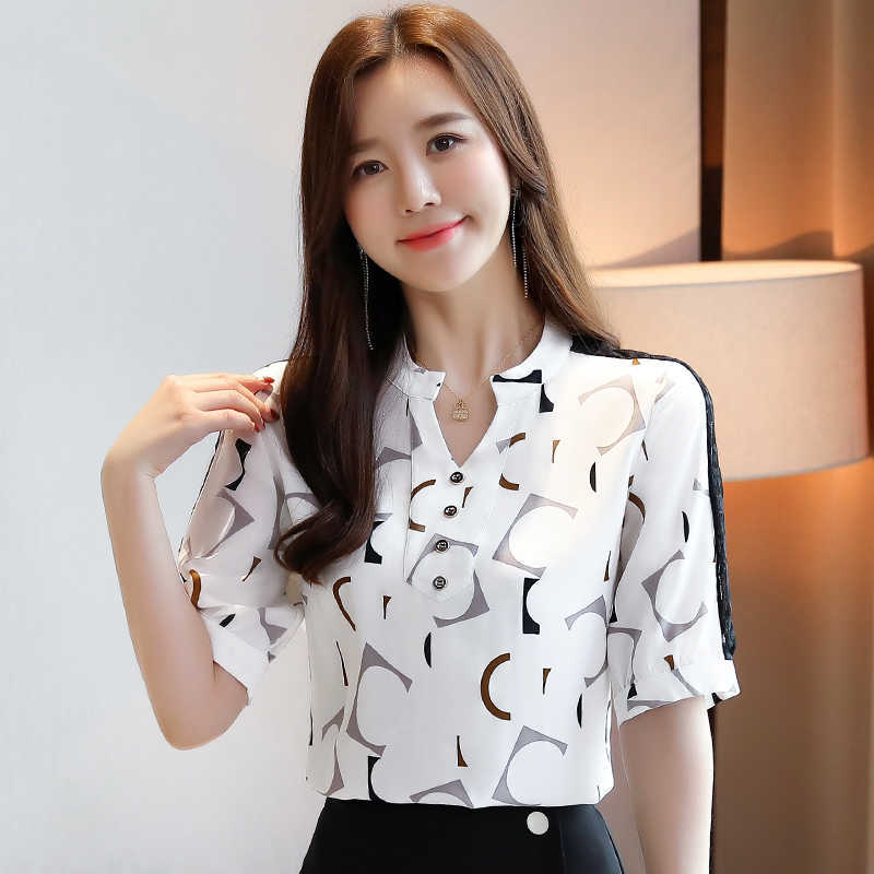 Korean Chiffon Women Blouses Shirts Woman Print Blouse Shirt Office Lady V Neck Top Plus Size Blusas Femininas Elegante 210531