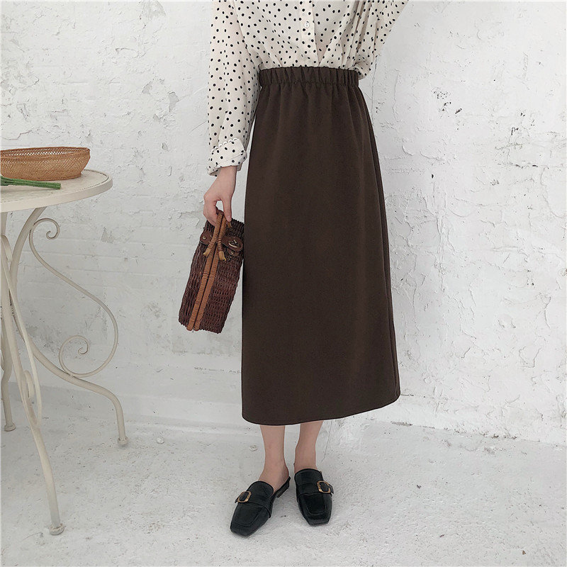 Korean Streetwear Solid A-Line OL Elegant Woolen Vintage Women High Waist Retro Skirt Female Long Skirts 210421