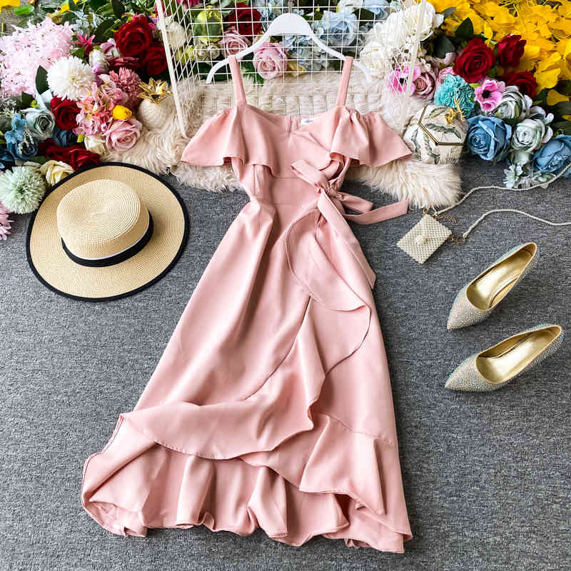 Summer Women Dress Sweet Off-shoulder Ruffled Dresses Korean Chic High Waist Ladies Bandage Party Vestidos 210519