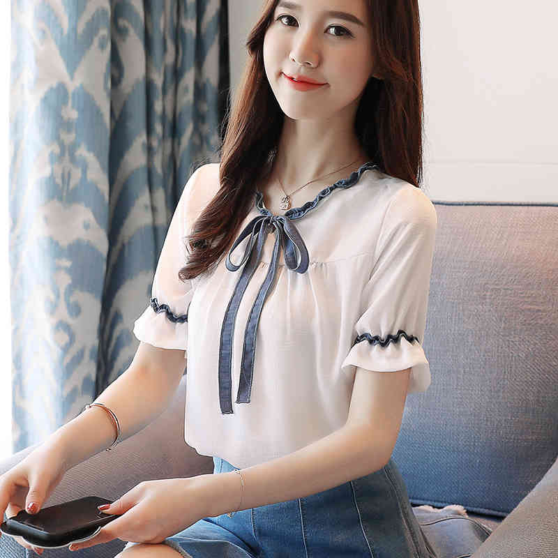 sweet lady style fashion blouse shirt bow short sleeved blouses white women tops casual slim summer shirts 0551 40 210506