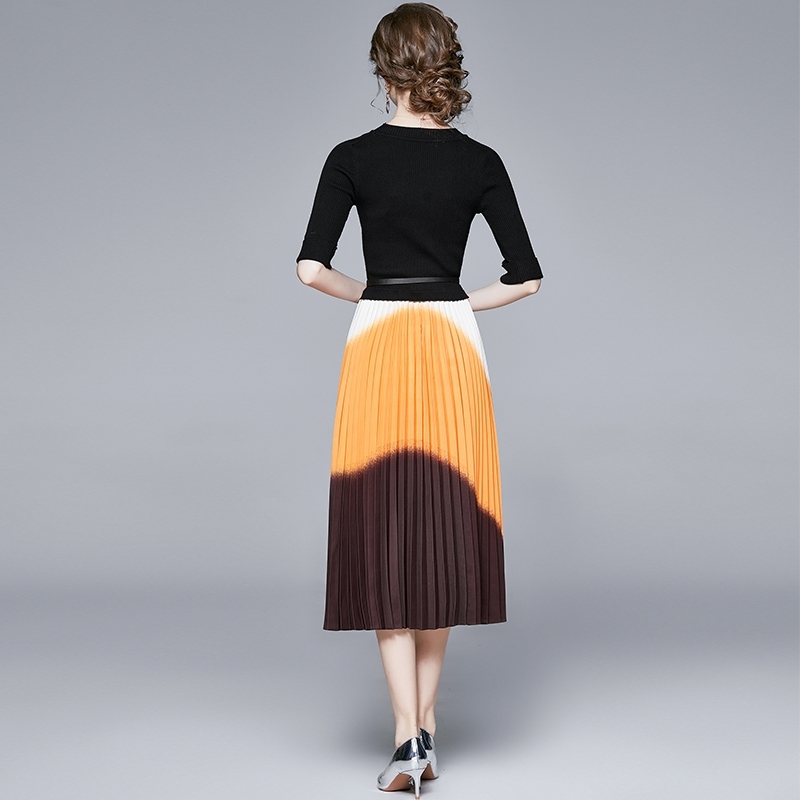Elegnat Autumn Warm Knit Stitching Pleated Print Vintage Slim Long Dress Round neck Black Work Casual Female Party Dresses 210506