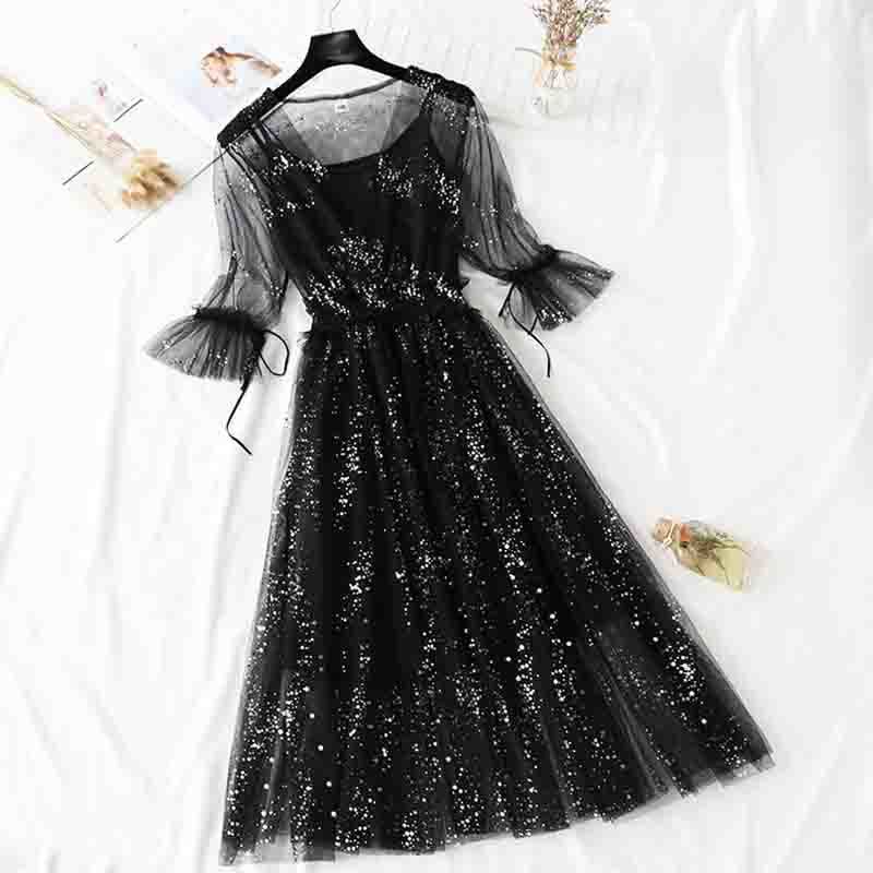 Two Piece Women Dress Summer Sweet Short Sleeve V-neck Mesh Dresses Elastic Waist Ladies Long Party Dress Vestidos 210521