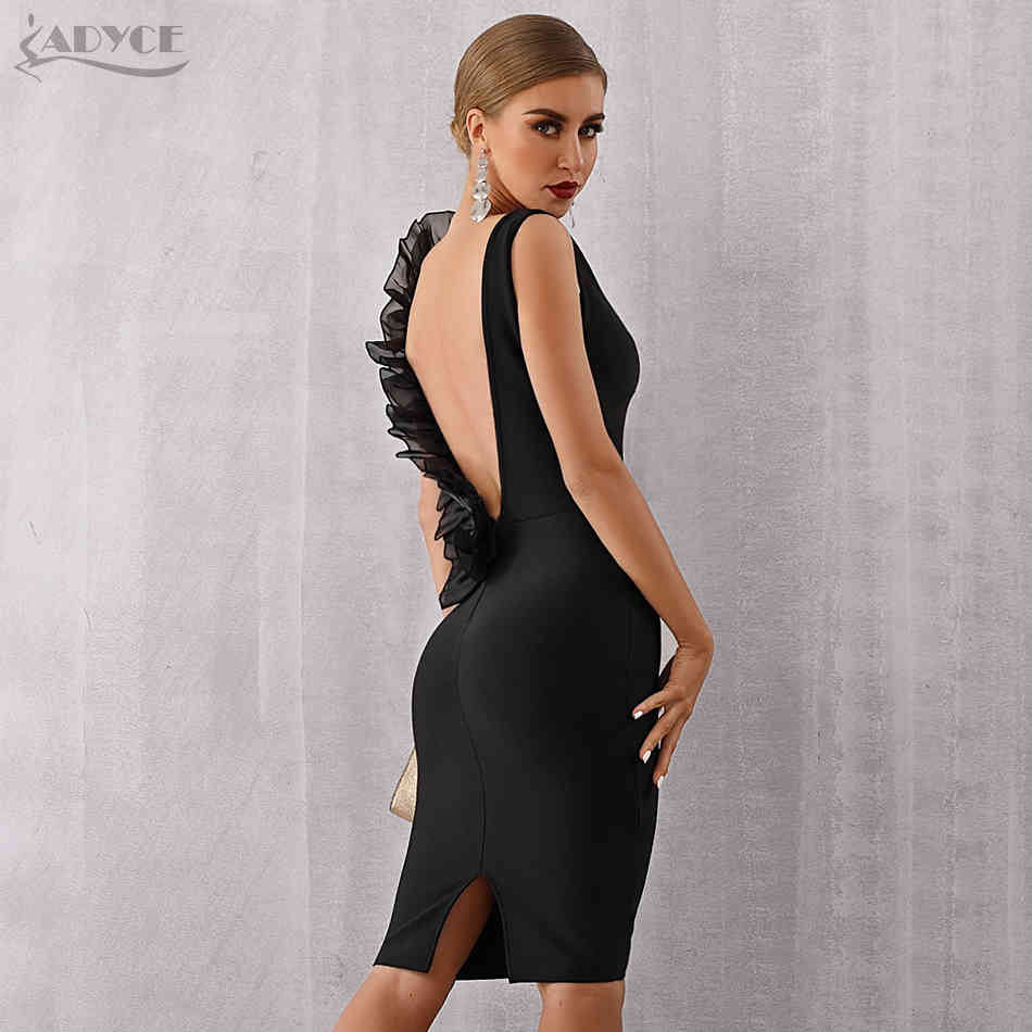 Summer Black Bodycon Bandage Dress Women Sexy VNeck Ruffles Mesh Backless Vestidos Celebrity Evening Party 210423