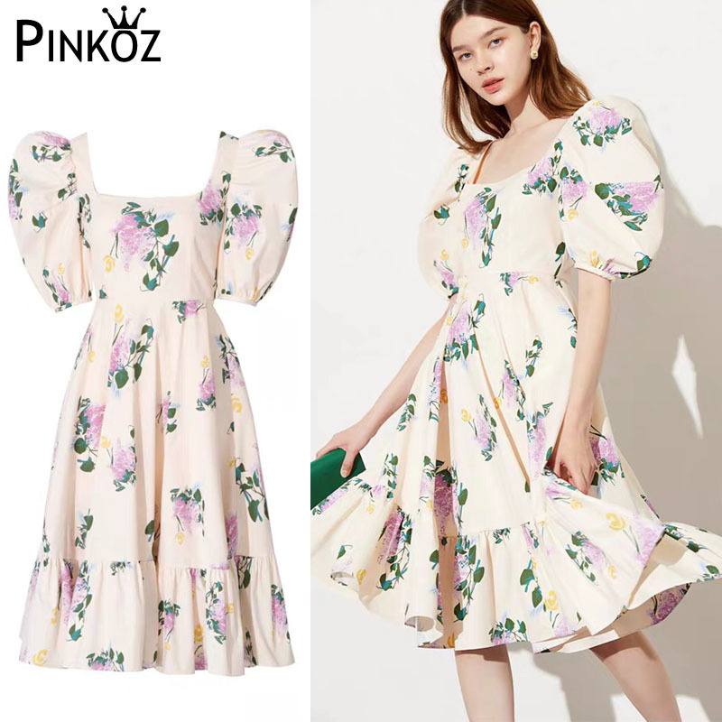 Retro Women Burgundy Dress Vintage Floral Printed Backles Square Collar Puff Sleeve Sexy Lady Midi Dresses Vestidos 210421