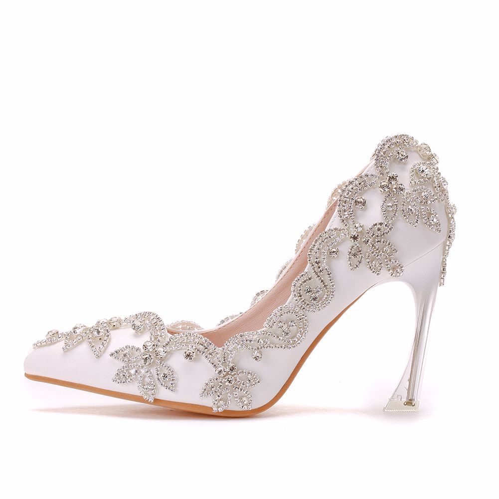 Sparkly Crystals Beaded White Leather Wedding Shoes For Bride Pointed Toe 9CM High Heels Bridal Prom Evening Pumps Stylish Elegant Women Accessories