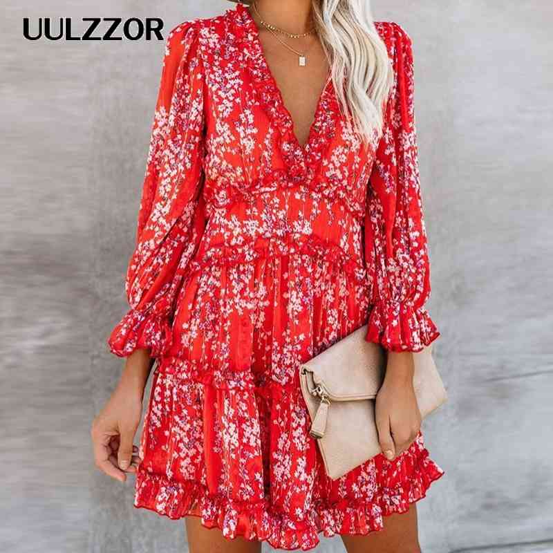 Floral Printed Mini Dress Women Sexy Backless Elegant Ladies Long Sleeve Ruffle Prom Party Summer Beach Short Dress Vestido 210409