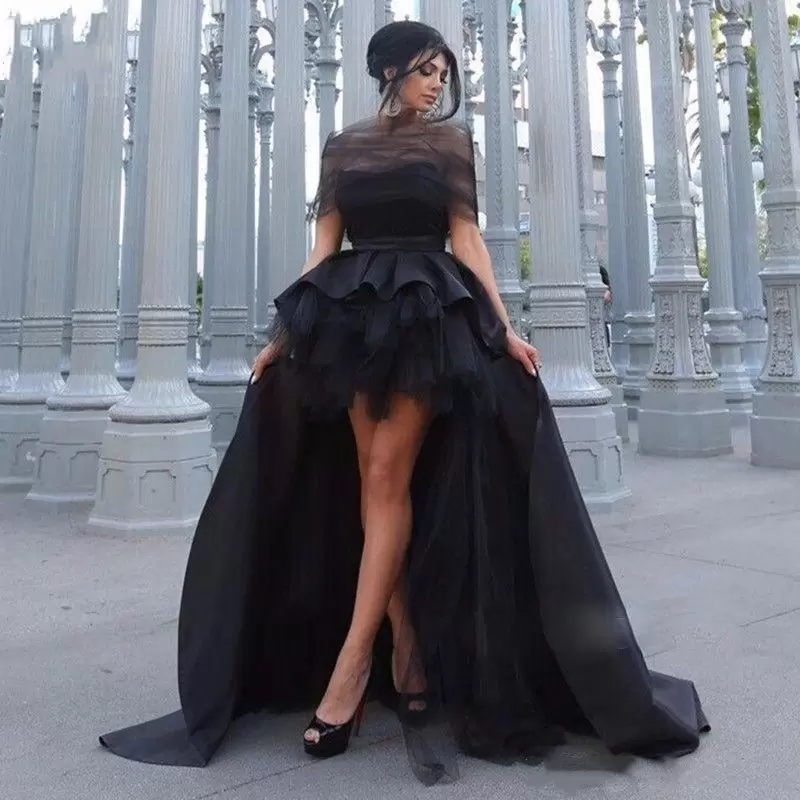 Black Gothic Wedding Dresses High Low Bridal Gown Off The Shoulder Satin Tulle Custom Made Sweep Train Tiered Beach Castle Vestidos De Novia