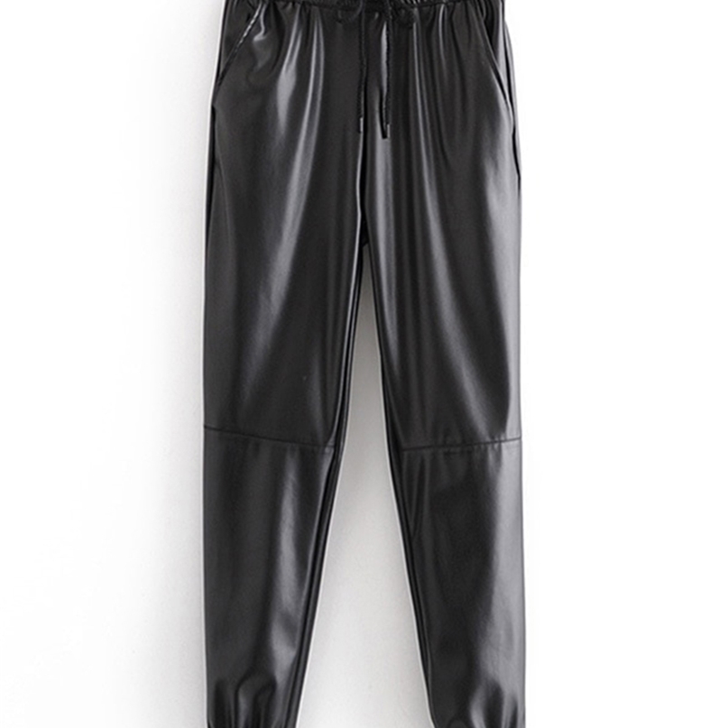 Wixra Pu Leather Pockets Pants Pantalones Mujer Womens Fashion Elastic Waist Lace Up Tie Ankle Trousers Autumn 211115