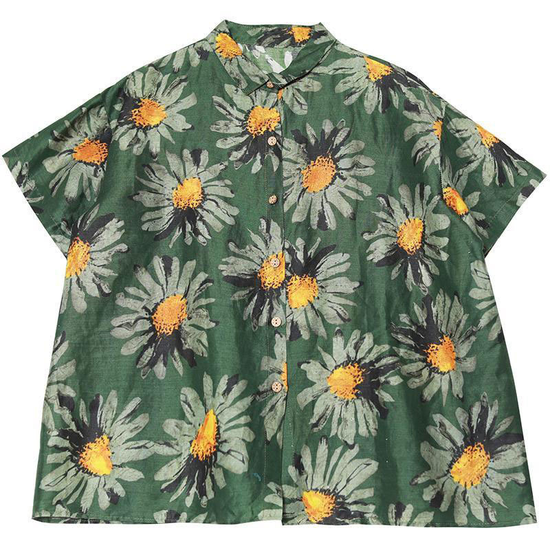 Summer Style Women Shirt Plus Size Short Sleeve Loose Casual Vintage Blouse Flower Print Cotton Linen Shirts Female Blusas D120 210512
