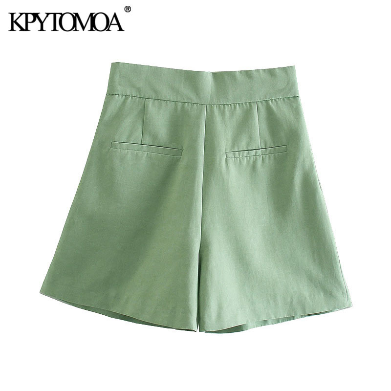 Women Chic Fashion Side Pockets Linen Bermuda Shorts Vintage High Waist Zipper Fly Female Short Pants Mujer 210416