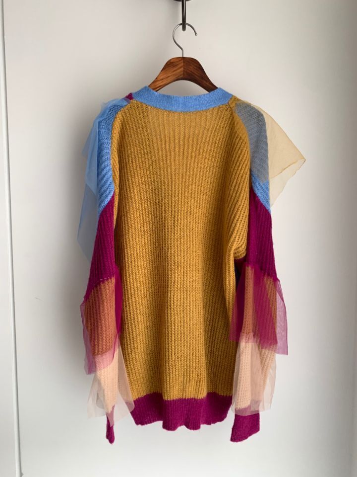 Nomikuma Mesh Ruffle Patchwork Sweater Coat Causal V-neck Hit Color Knitted Cardigan Autumn Winter Korean Knitwear 6D266 210427