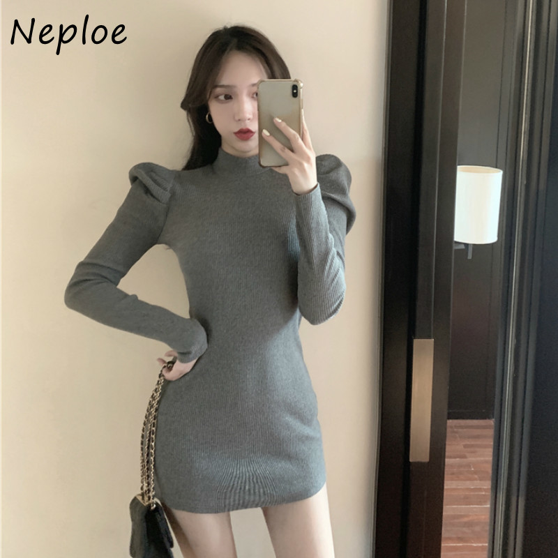 High Neck Pullover Long Sleeve Knit Sweater Dress Women Waist Hip Bodycon Vestidos Winter Robe Sueter 210422Z