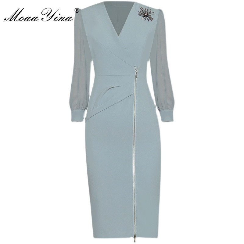 Fashion Designer dress Spring Women' Dress V-neck Ruched Zipper Package hip Split Office Lady Dresses 210524, Sky blue
Fashion Designer dress Spring Women' Dress V-neck Ruched Zipper Package hip Split Office Lady Dresses 210524, Sky blue