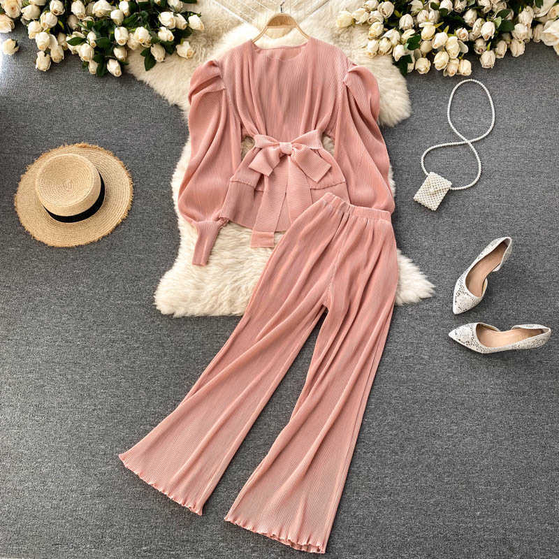 Elegant Women Purple Pant Suits Spring Autumn Solid Puff Sleeve Top Pleated Chiffon Wide-Leg Pants 2 Piece Set Female Outfit 210925wtt