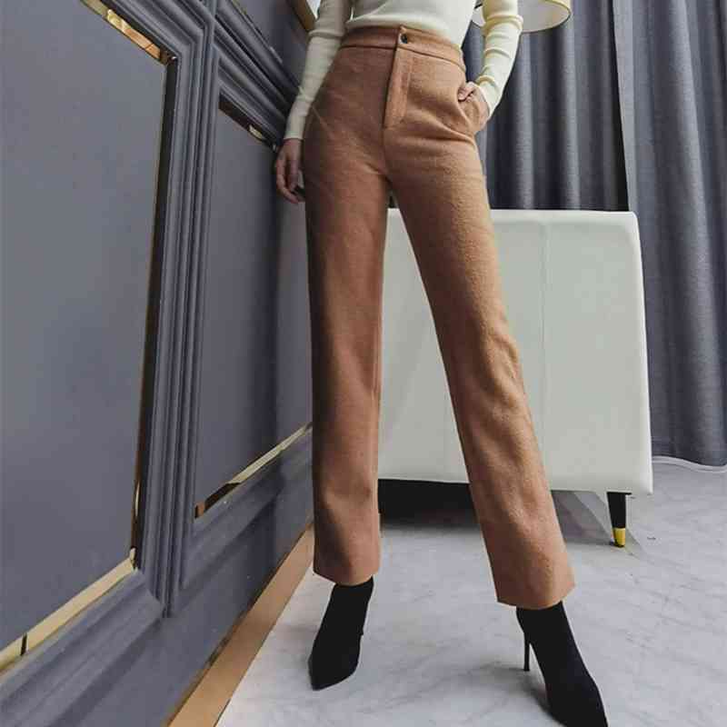 TWOTWINSTYLE Straight Tweed Thick Pants For Women High Waist Solid Minimalist Casual Trouser Female Autumn Clothing Fashion 210517
