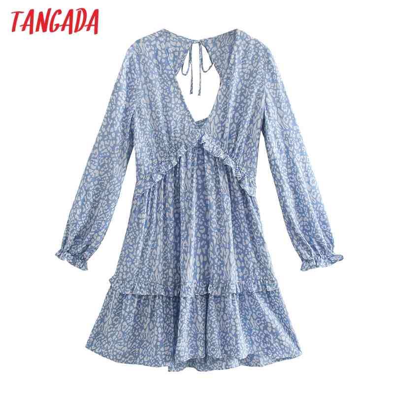 Summer Women Blue Leopard Print Ruffles Backless Long Sleeve Ladies Mini Dress Vestidos 4N7 210416