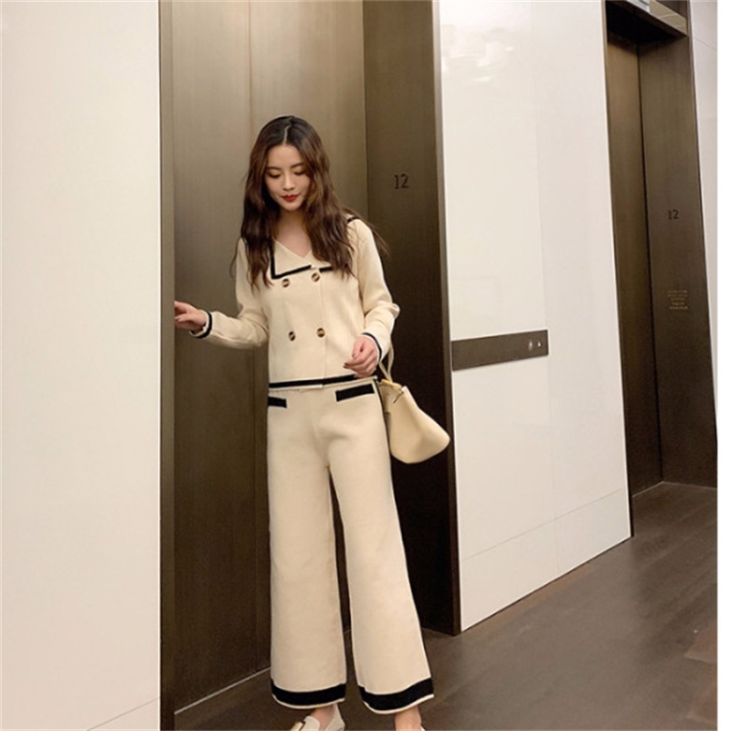 Autumn 2 Piece Set Women Double Breasted Sweater Turn down collar Long Sleeve Cardigan+Wide Leg Full Length Pants Knit 210519