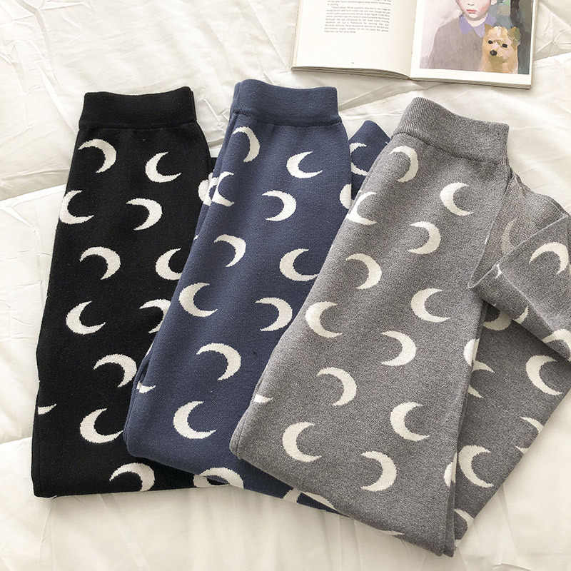 Nomikuma High Waist Knitted Women Pants Causal Korean Moon Printed Long Trousers New Fashion Sweater Wide Leg Pants 6E078 210427