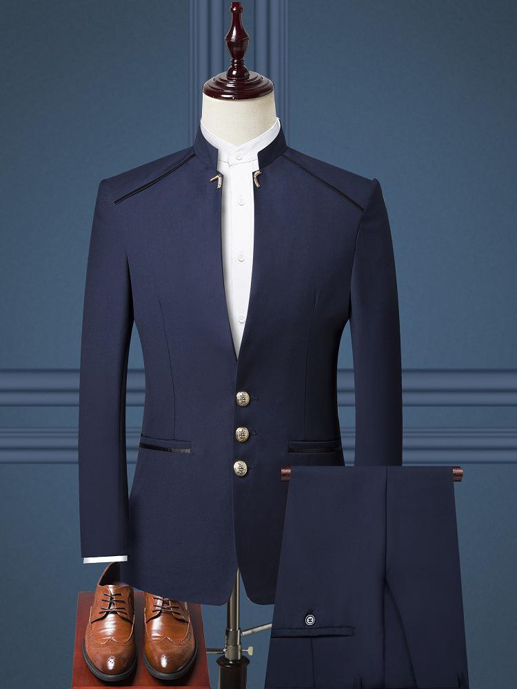 Men's Suits & Blazers Stand Collar Men Suit Set Tuxedo Slim Fit Male Jacket And Pants Chinese Style Men's Wedding Business Dress High Q