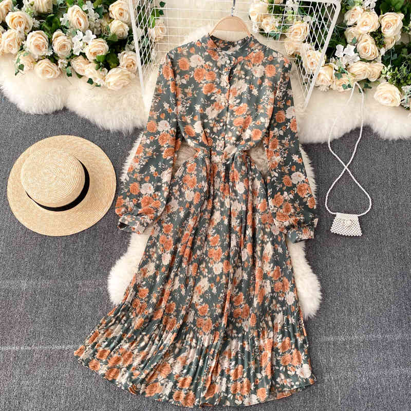 FLF Autumn Boho Print A-line Streetwear Dresses Women French Floral Dress O Neck Long Sleeve Button Ruched Ruffles Dress 210521