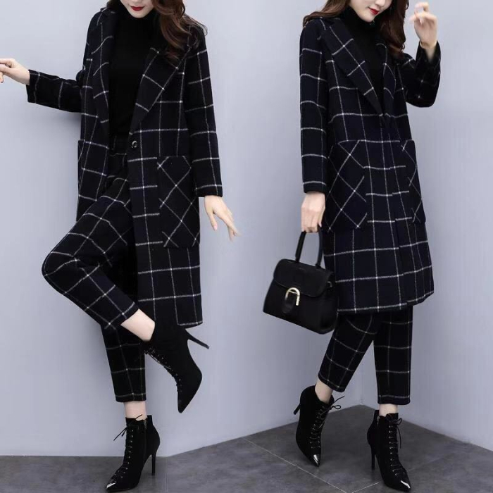 Winter Black Woolen Plaid Two Piece Sets Outfits Women Plus Size Long Coat And Pants Suits Elegant Fashion Office 210514
