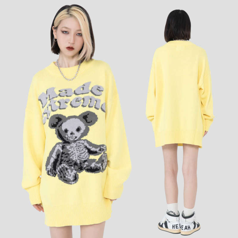 Mens Oversized Sweater Bear Skeleton Knitted Sweater Autumn Vintage Streetwear Retro Pullover Women Cotton Knitwear Unisex 210929