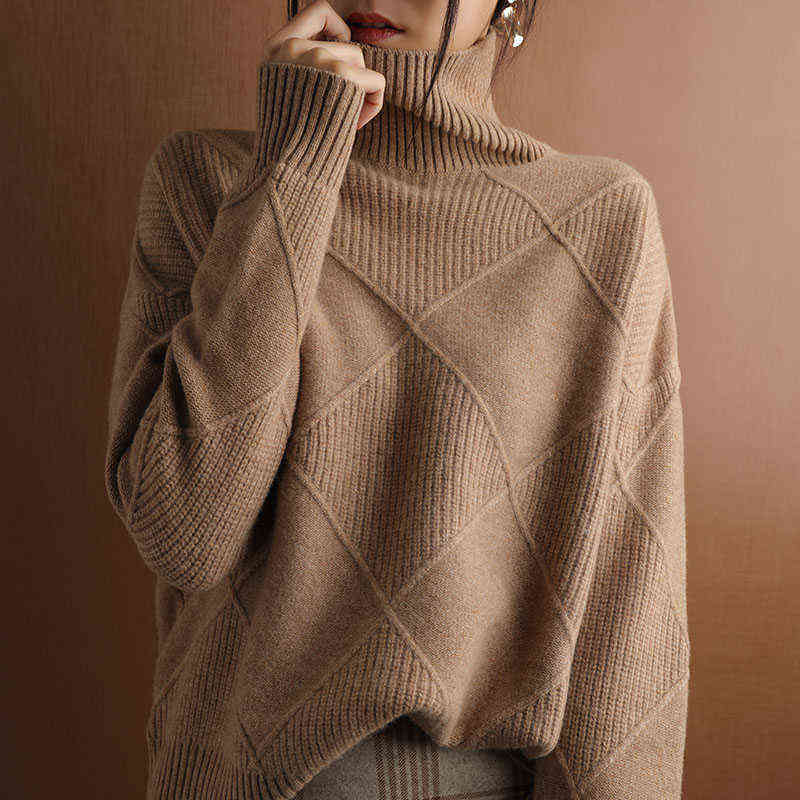 Cashmere sweater women turtleneck sweater pure color knitted turtleneck pullover 100% pure wool loose large size sweater women 211109