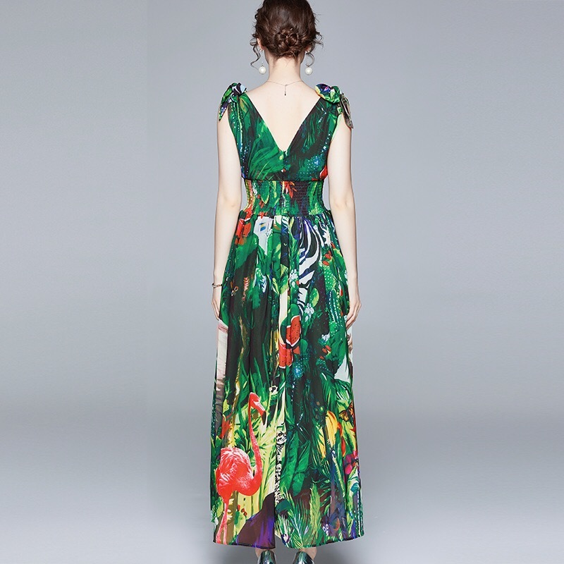 vintage tropical rainforest printed v-neck lace up high waist chiffon maxi dresses slim sleeveless bow party boho dress 210421