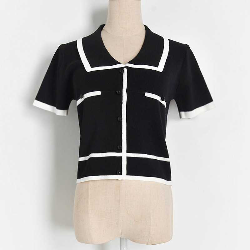 Hit Color Turn Down Collar Crop Cardigan Fresh All-match Thin Knit Blouses for Women Elegant Office Lady Woman Tops Summer 210525