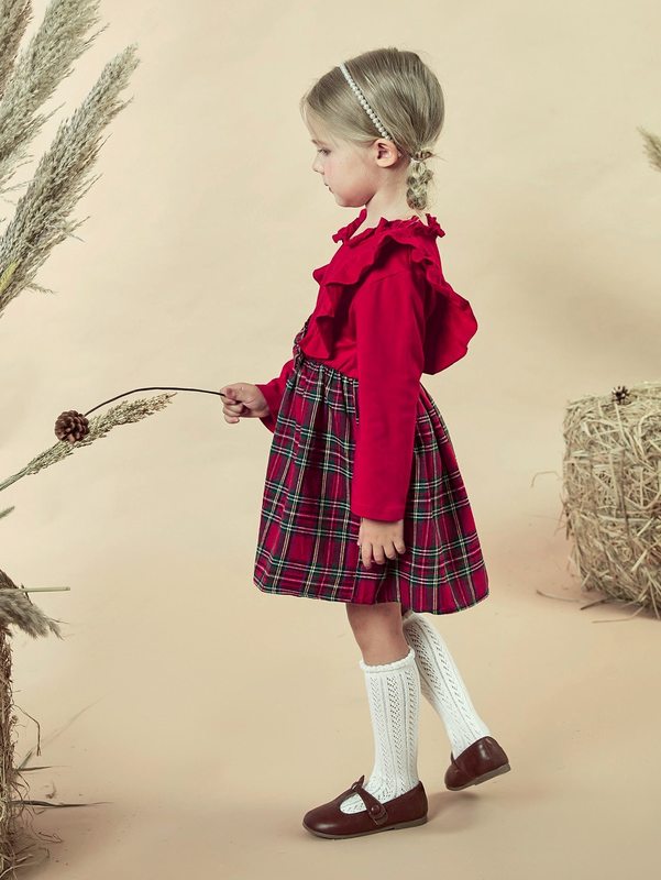 Toddler Girls Tartan Bow Front Ruffle Trim Frilled Neck Dress SHE