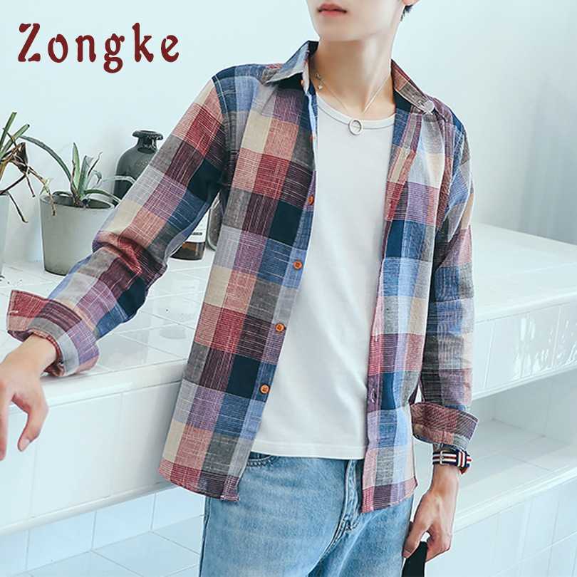Zongke Plaid Men Shirt Long Sleeve Cotton Linen Japanese Streetwear 5XL Casual Clothes 210721