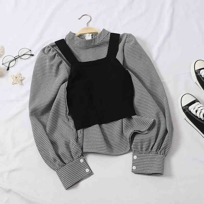 Korean Chic Two Pieces Set Women Stand Collar Plaid Shirt Blouse + Knitted Sleeveless Vest Autumn Cute Elegant Suit 210519