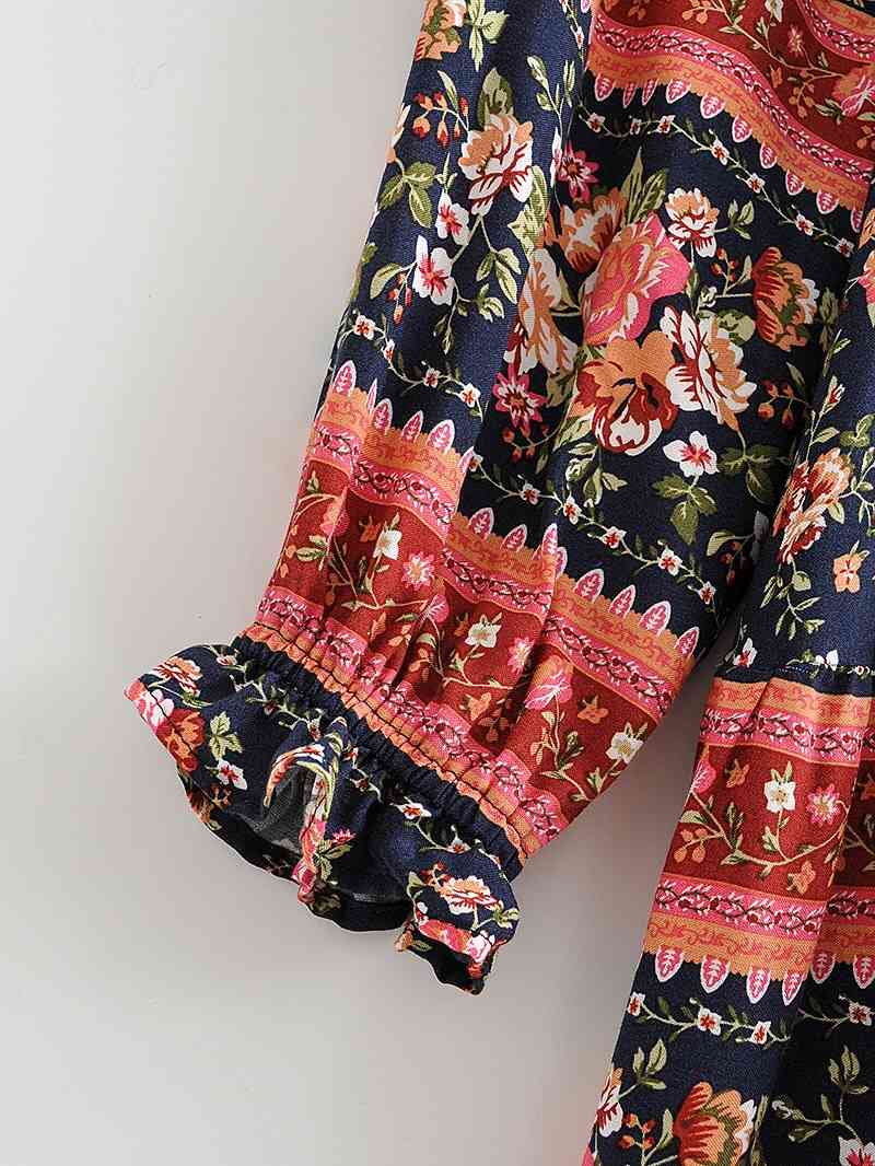Bohemian Buttons Collar Floral Print Long Sleeve Short Dress Hippie Woman Adjustable Lacing up Waist Holiday Dresses BOHO 210429