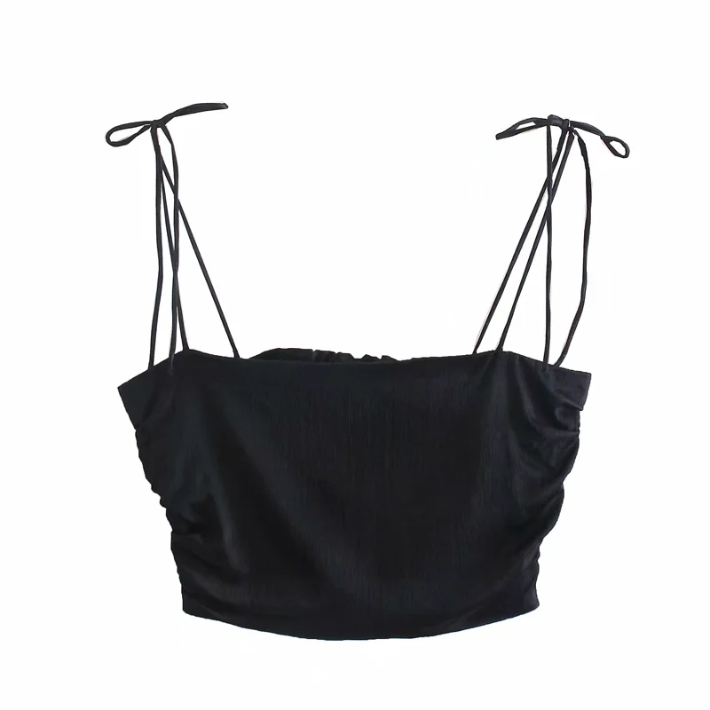 Summer Women Solid Satin Pleating Short Suspender Blouse Casual Female Sleeveless Slim Crop Tops T1519 210430