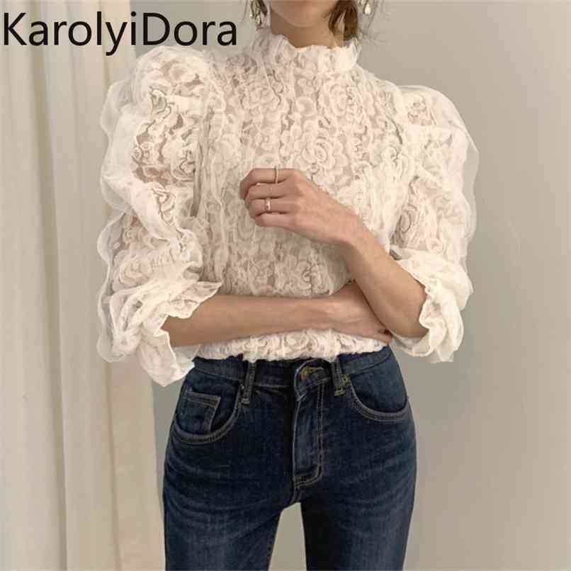 Fashion Summer OL Mesh Lace Shirt Crochet Flower Blouses Stand Collar Puff Sleeve Shirts Female Hollow Out Tops 210520, Black
Fashion Summer OL Mesh Lace Shirt Crochet Flower Blouses Stand Collar Puff Sleeve Shirts Female Hollow Out Tops 210520, Black